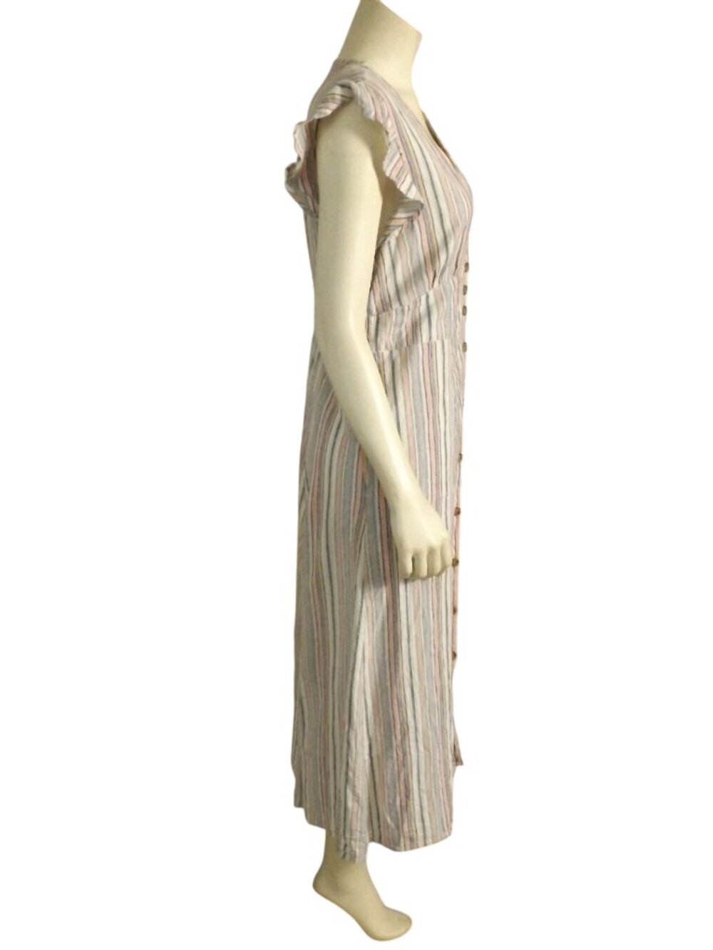 MARINE LAYER Midi Dress, L, Multicolor Stripes, Button front, Ruffle cap sleeve - Picture 7 of 15